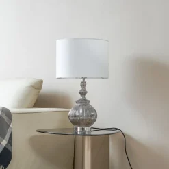 Lindby bordlampe Loraine, hvit/grå, glass, Ø 33 cm, E27