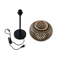 Lindby bordlampe Nerys, svart, bambus, Ø 28 cm