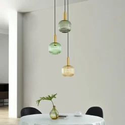 Lindby Doroteo hengelampe, 3 lyskilder, grønn/amber/grå, glass