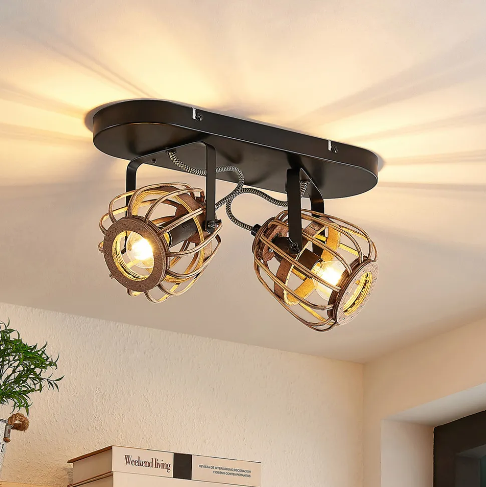 Lindby downlight Bominio, 36 cm, 2 lyskilder, tre, rotting