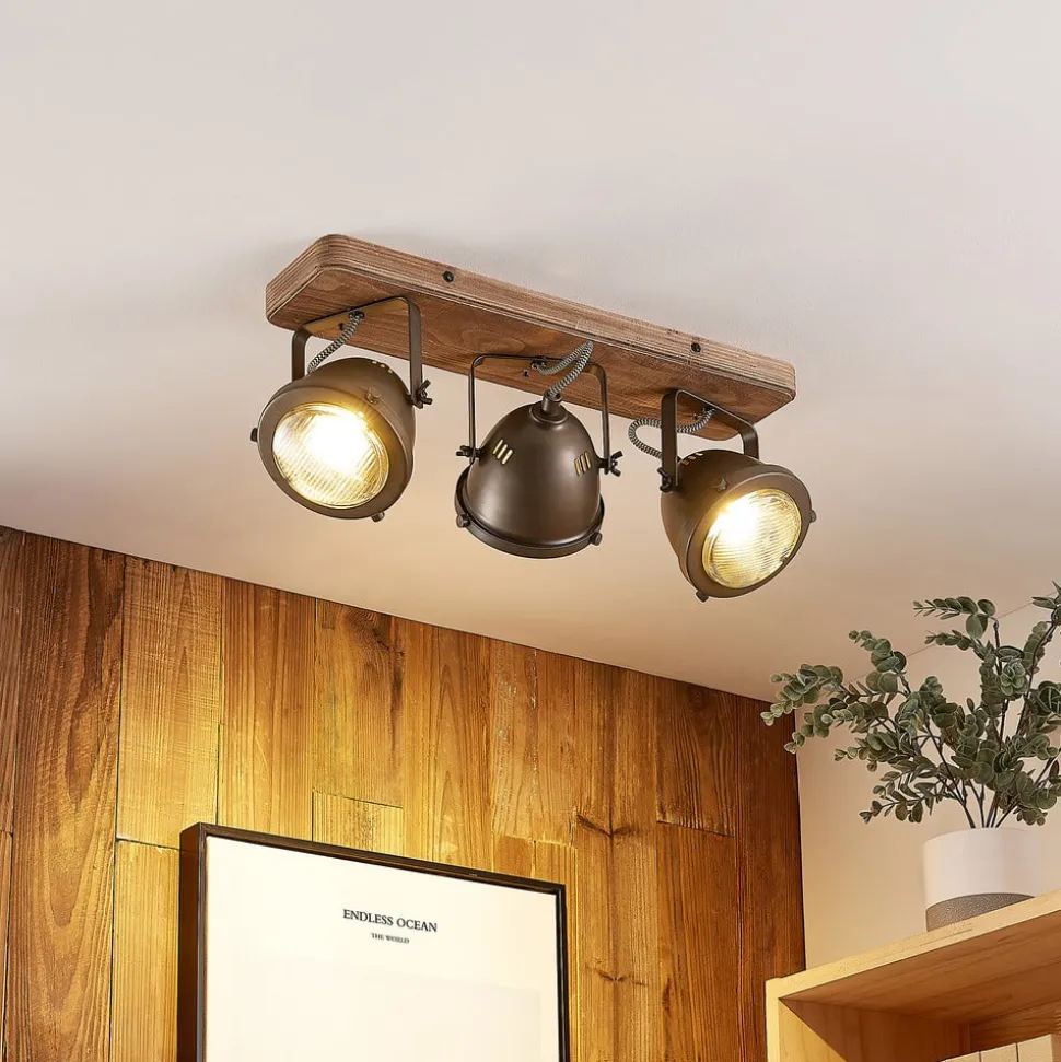 Lindby downlight Farovi, svart, 44 cm, 3 lyskilder, tre, GU10