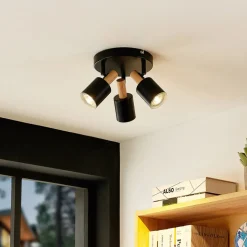 Lindby downlight Junes, 3 lyskilder, Ø 30 cm, svart, tre