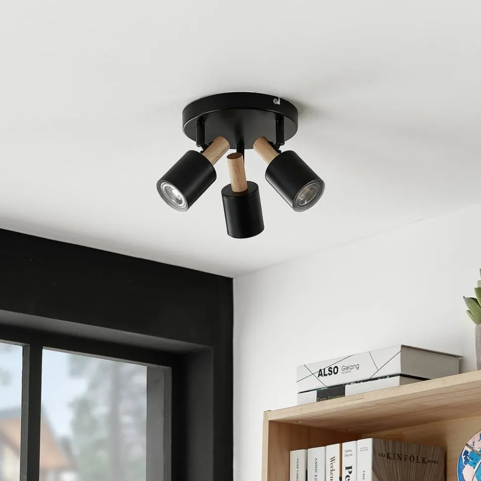 Lindby downlight Junes, 3 lyskilder, Ø 30 cm, svart, tre