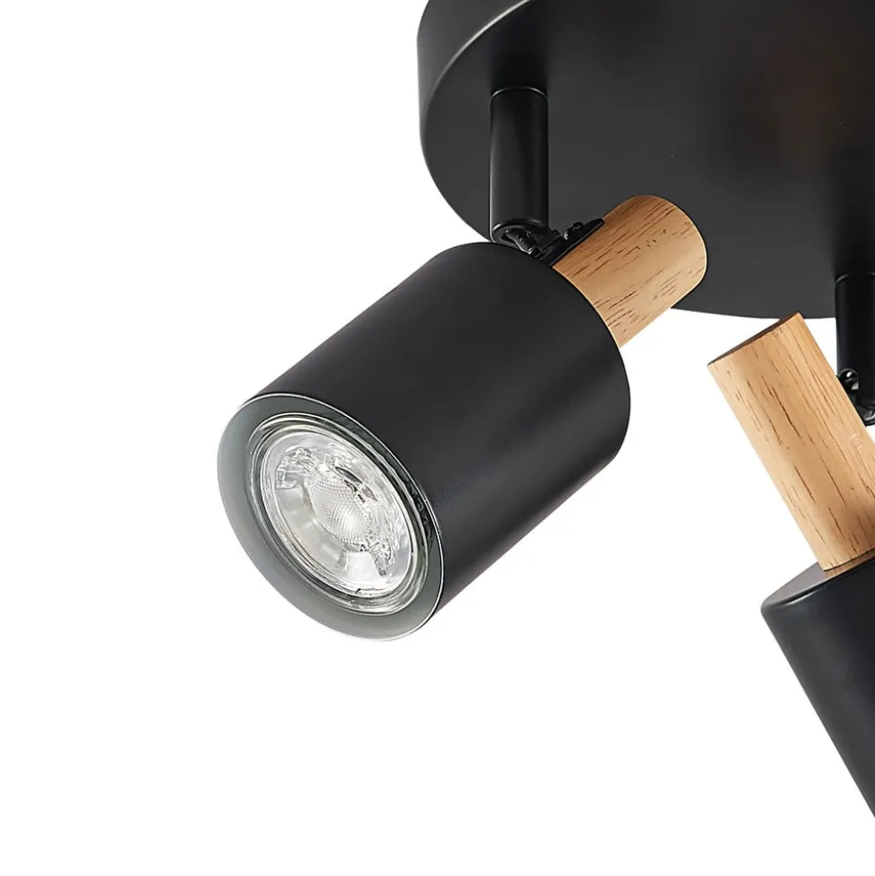 Lindby downlight Junes, 3 lyskilder, Ø 30 cm, svart, tre