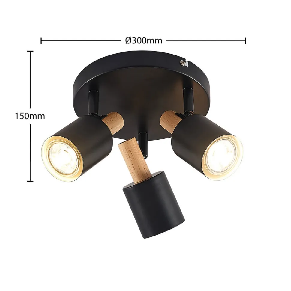 Lindby downlight Junes, 3 lyskilder, Ø 30 cm, svart, tre