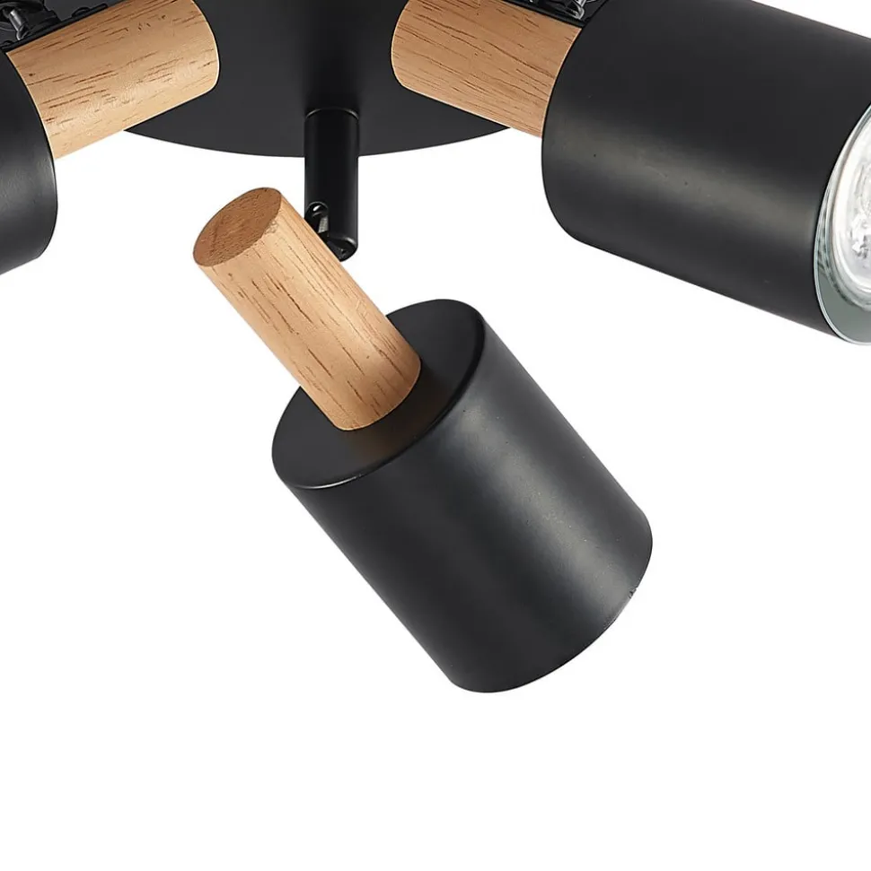 Lindby downlight Junes, 3 lyskilder, Ø 30 cm, svart, tre