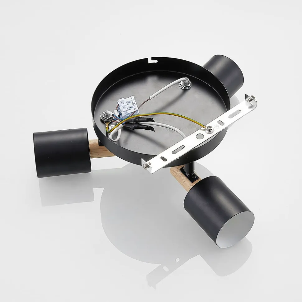 Lindby downlight Junes, 3 lyskilder, Ø 30 cm, svart, tre