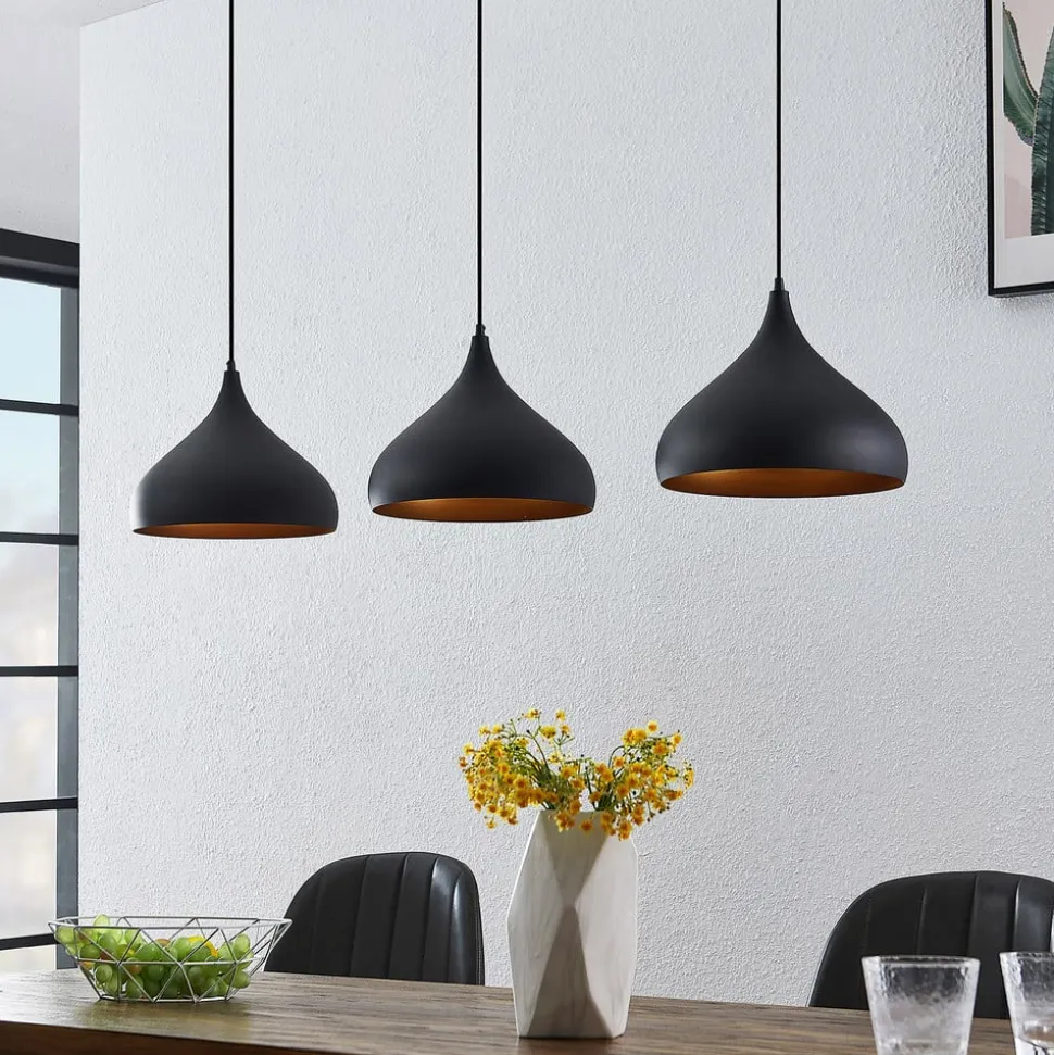 Lindby Elamira pendellampe, svart, metall, 133 cm, 3 lyskilder.