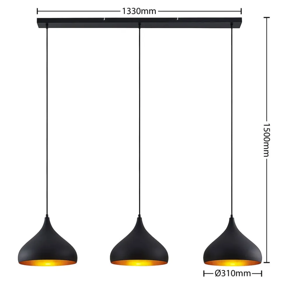 Lindby Elamira pendellampe, svart, metall, 133 cm, 3 lyskilder.