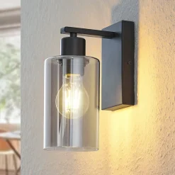 Lindby Emavi vegglampe, svart/røykgrå, glass, E27