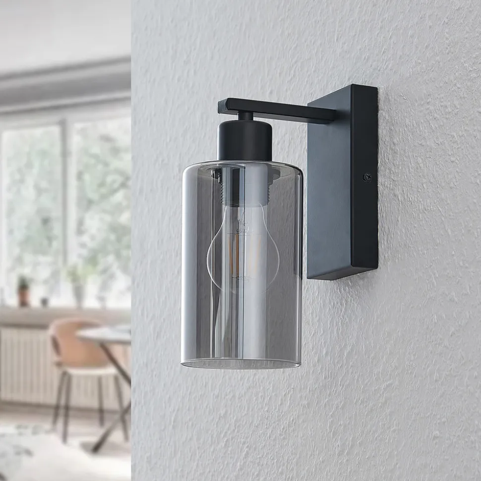 Lindby Emavi vegglampe, svart/røykgrå, glass, E27