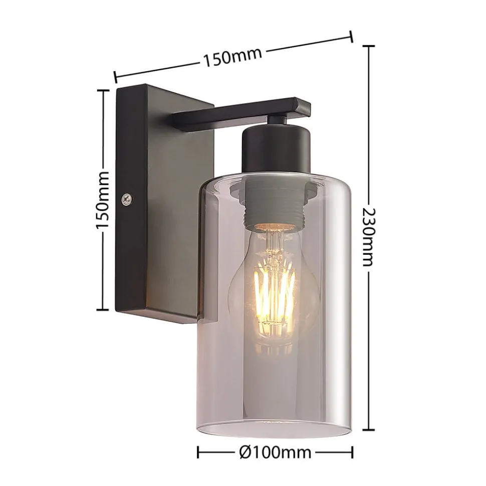 Lindby Emavi vegglampe, svart/røykgrå, glass, E27