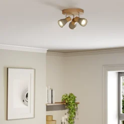 Lindby Filiz spotlight, 3 lyskilder, Ø 20 cm, tre, betong, E14