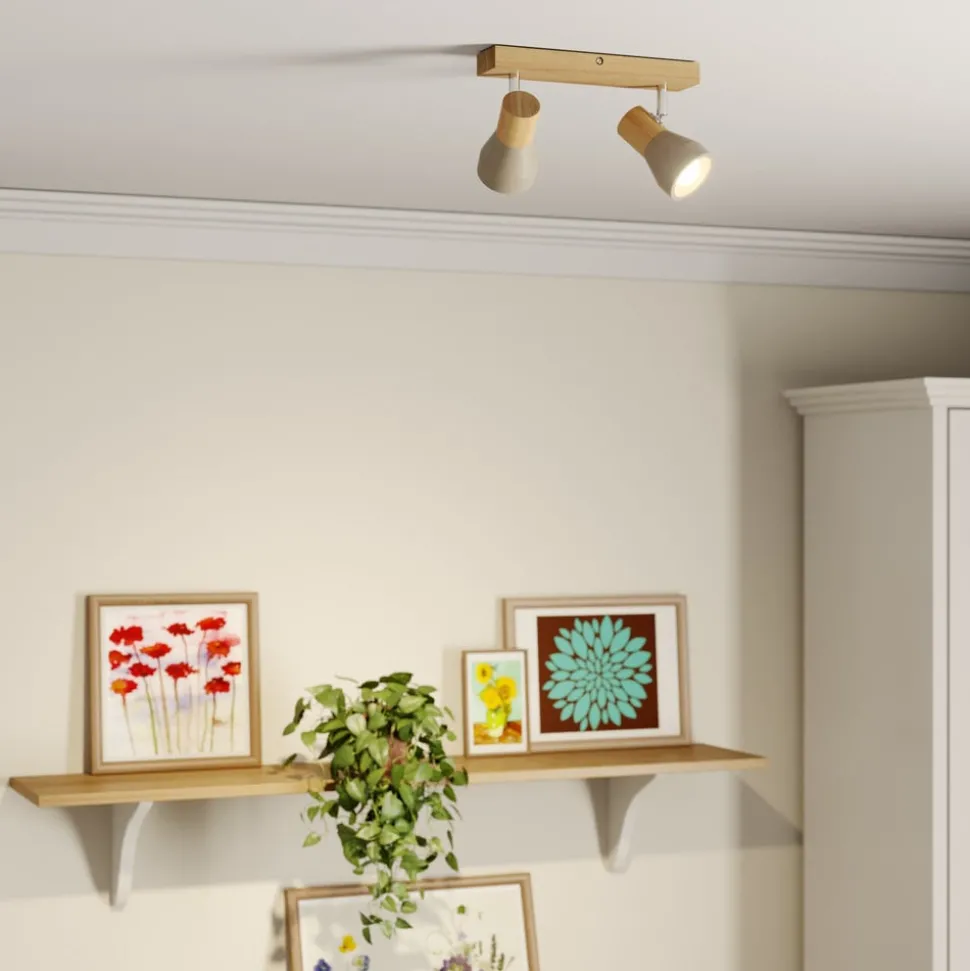 Lindby Filiz spotlight, 2 lyskilder, 27 cm, tre, betong, E14