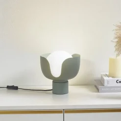 Lindby Fiora bordlampe, grønn, glass, metall, Ø 20 cm