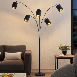 Lindby gulvlampe Abiram, svart/gull, tekstil, 70 cm