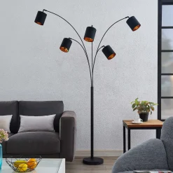 Lindby gulvlampe Abiram, svart/gull, tekstil, 70 cm