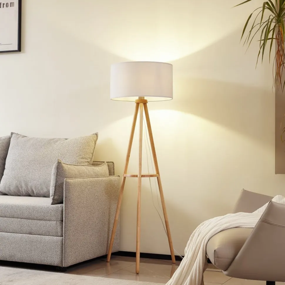 Lindby gulvlampe Adamio, Ø 45,5 cm, hvit, tekstil, stativ