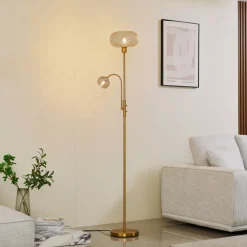 Lindby gulvlampe Aliette, gull/amber, glass, leselampe