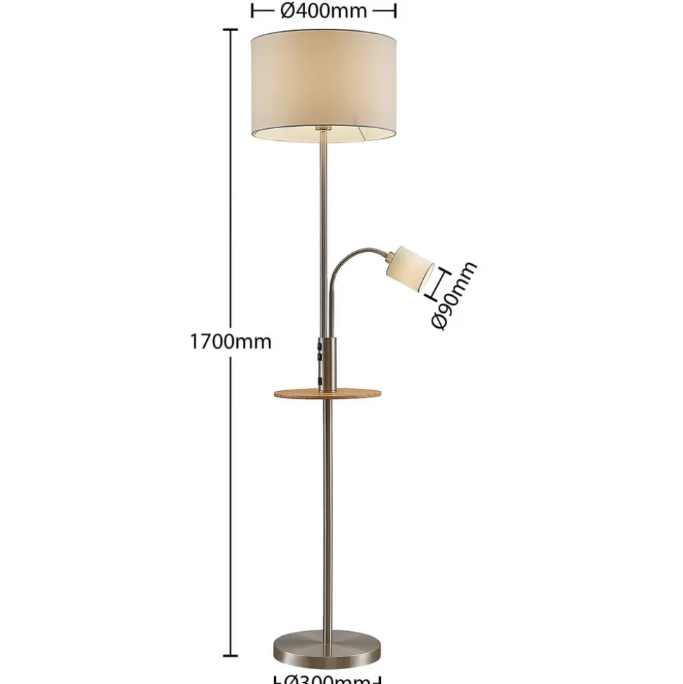 Lindby Gulvlampe Aovan, nikkelfarget, hyller, USB-port