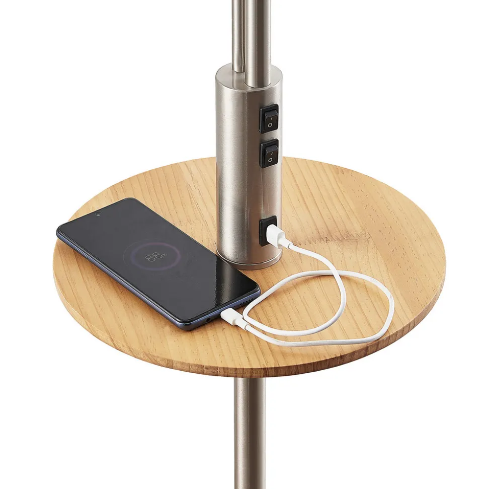 Lindby Gulvlampe Aovan, nikkelfarget, hyller, USB-port