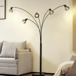 Lindby gulvlampe Braccio, grå/svart, glass, 5 lyskilder, 204,5 cm