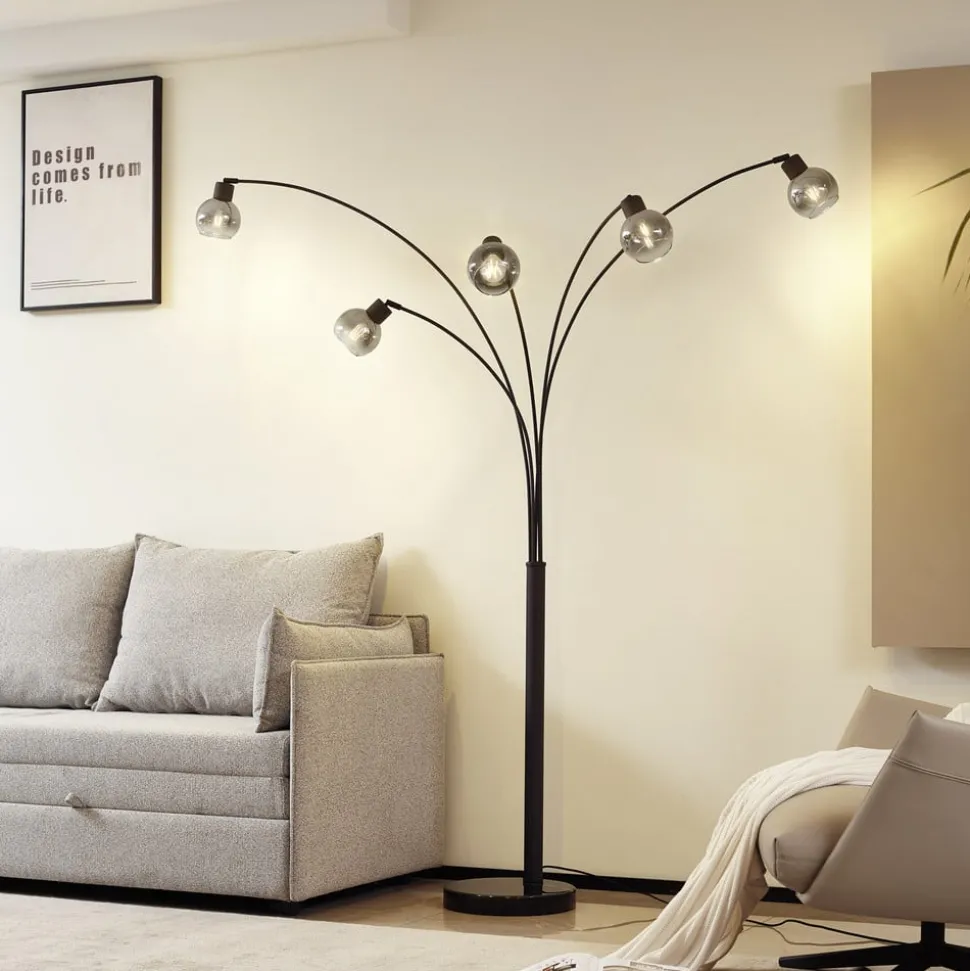 Lindby gulvlampe Braccio, grå/svart, glass, 5 lyskilder, 204,5 cm