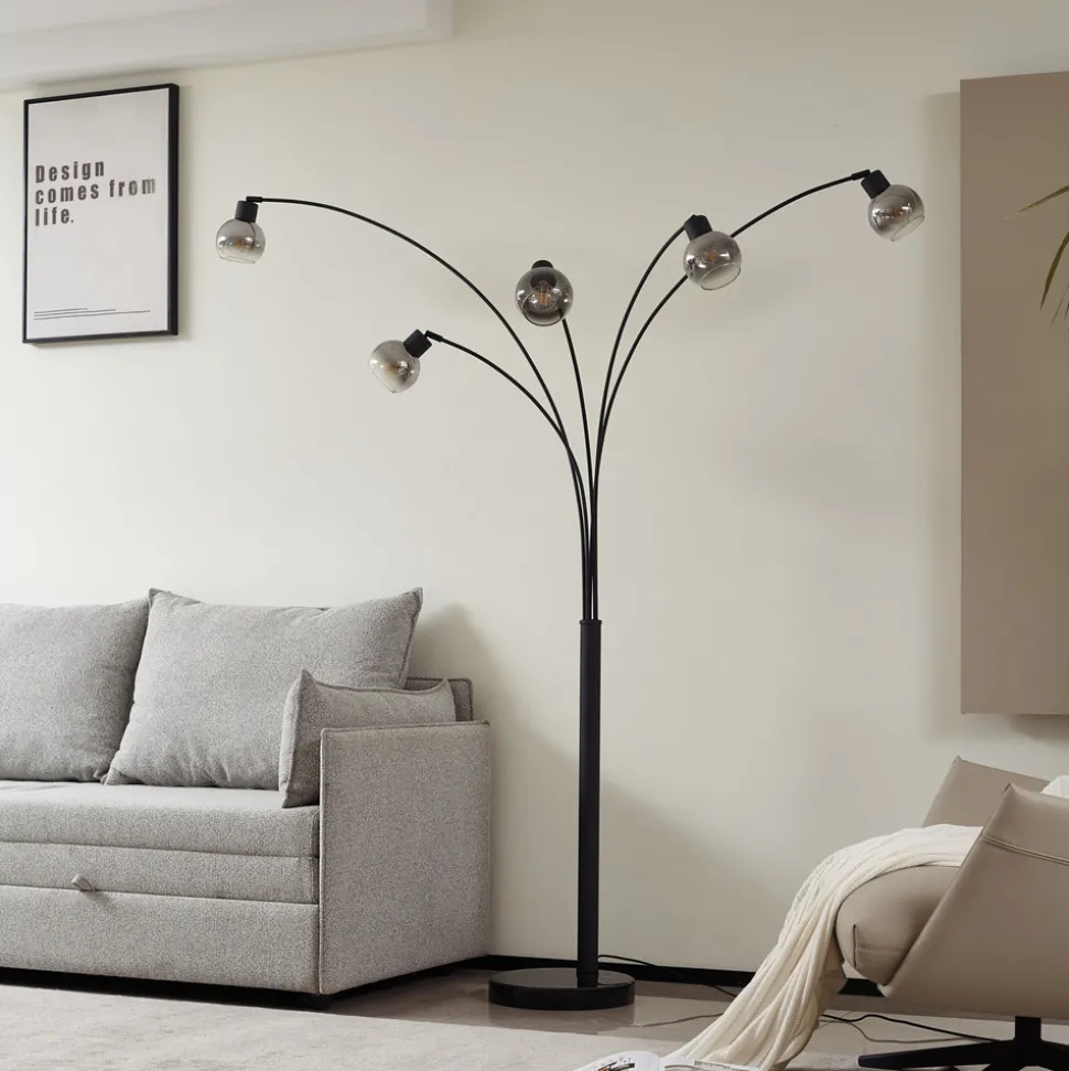 Lindby gulvlampe Braccio, grå/svart, glass, 5 lyskilder, 204,5 cm