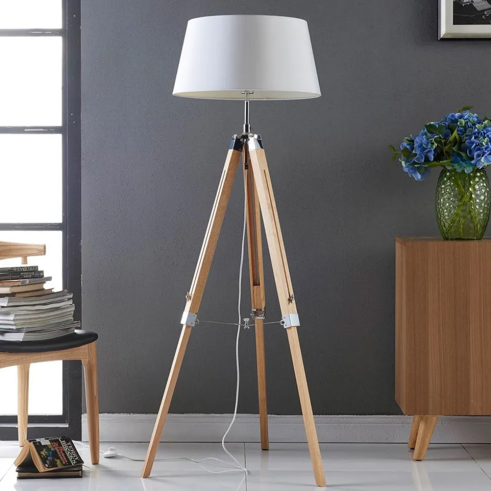 Lindby gulvlampe Katie, 162 cm, hvit, tekstil, tre, stativ