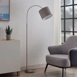 Lindby gulvlampe Keriba, nikkel/taupe, stoff, 150 cm, E27