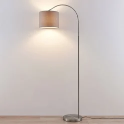 Lindby gulvlampe Keriba, nikkel/taupe, stoff, 150 cm, E27