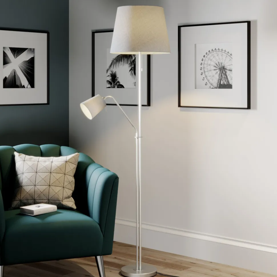 Lindby gulvlampe Nantwin, 175 cm, grå, nikkel, tekstil