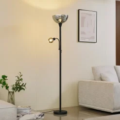 Lindby gulvlampe Nehemia, svart, glass, leselampe, 185 cm