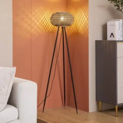 Lindby gulvlampe Nerys, svart, bambus, Ø 31,5 cm, stativ