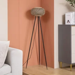 Lindby gulvlampe Nerys, svart, bambus, Ø 31,5 cm, stativ