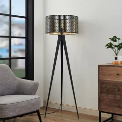 Lindby gulvlampe Thoralf, stativ, svart, tekstil, Ø50cm