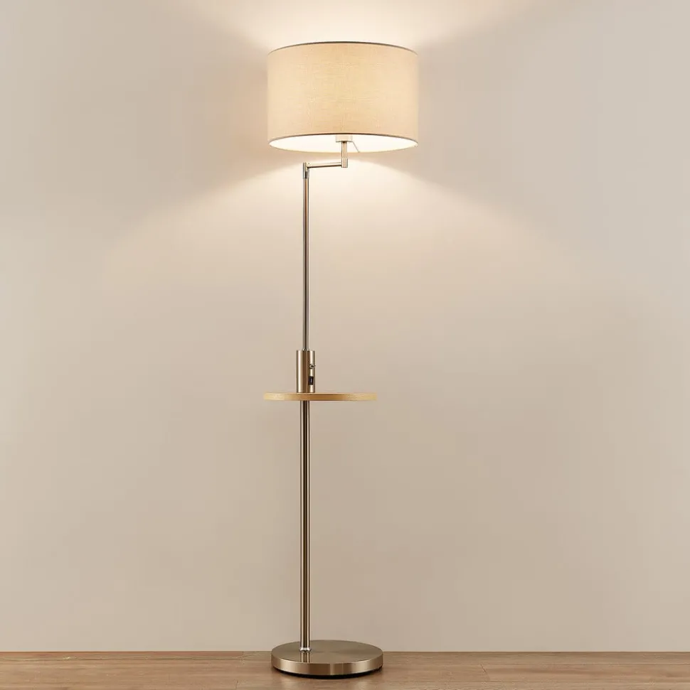 Lindby gulvlampe Zinia, nikkelfarget, hylle, USB-tilkobling