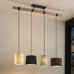 Lindby hengelampe Amilia, stoff, 4 lyskilder, grå/beige, E27