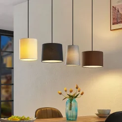 Lindby hengelampe Amilia, stoff, 4 lyskilder, grå/beige, E27