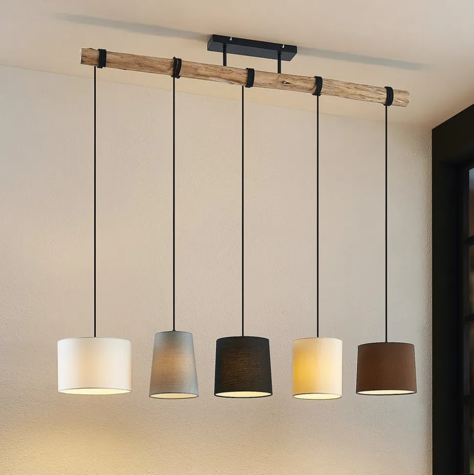Lindby hengelampe Amilia, stoff, 5 lyskilder, grå/beige, E27