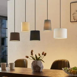 Lindby hengelampe Amilia, stoff, 5 lyskilder, grå/beige, E27