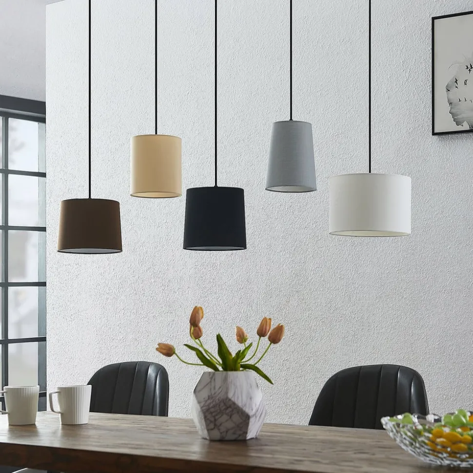 Lindby hengelampe Amilia, stoff, 5 lyskilder, grå/beige, E27