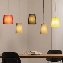 Lindby Hengelampe Amilia, stoff, 5 lyskilder, rød/grå/gul, E27