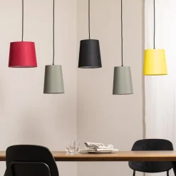 Lindby Hengelampe Amilia, stoff, 5 lyskilder, rød/grå/gul, E27