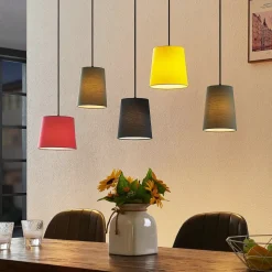 Lindby Hengelampe Amilia, stoff, 5 lyskilder, rød/grå/gul, E27