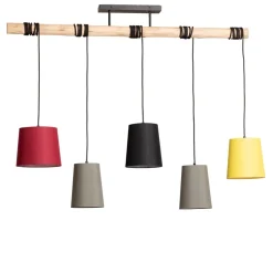 Lindby Hengelampe Amilia, stoff, 5 lyskilder, rød/grå/gul, E27