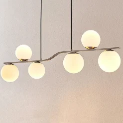 Lindby hengelampe Avalyn, nikkelfarget, glass, 110 cm, E14