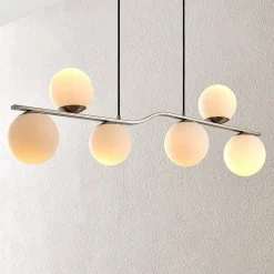 Lindby hengelampe Avalyn, nikkelfarget, glass, 110 cm, E14