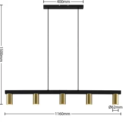 Lindby hengelampe Baliko, svart/messing, 5 lyskilder, GU10