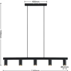 Lindby hengelampe Baliko, svart, 116 cm, 5 lyskilder, GU10